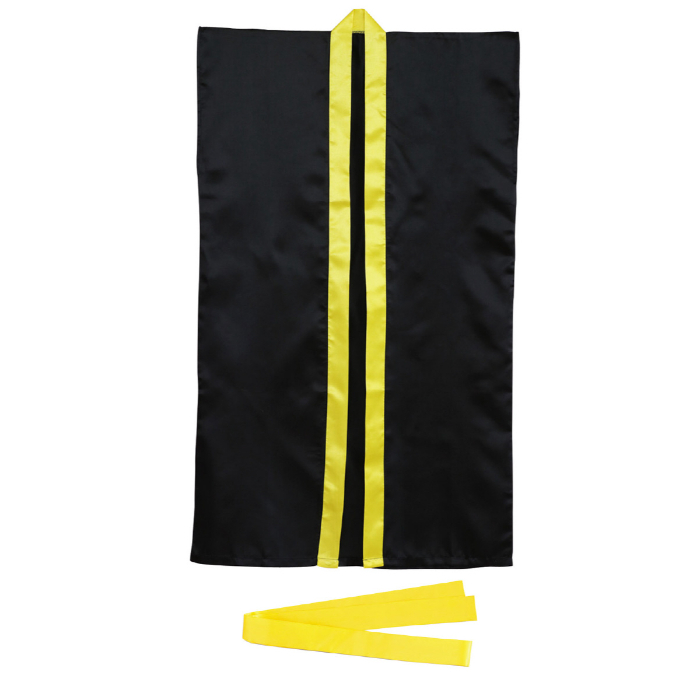 サテンロングハッピ黒(黄襟)S(ハチマキ付) 2363