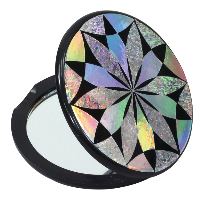 らでん彫コンパクトミラー 黒 13735