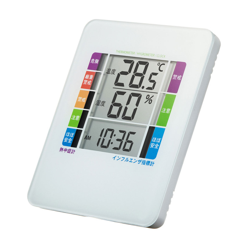 熱中症&インフルエンザ表示付きデジタル温湿度計(警告ブザー設定機能付き) CHE-TPHU2WN
